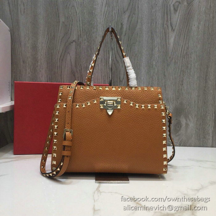 Valentino Textured Calfskin Small Rockstud Top Handle Bag Brown V6500