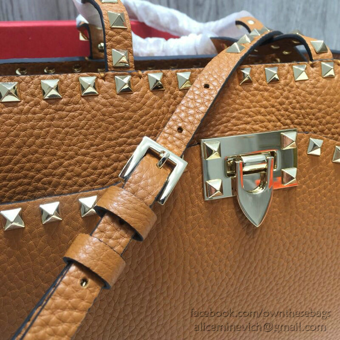 Valentino Textured Calfskin Small Rockstud Top Handle Bag Brown V6500