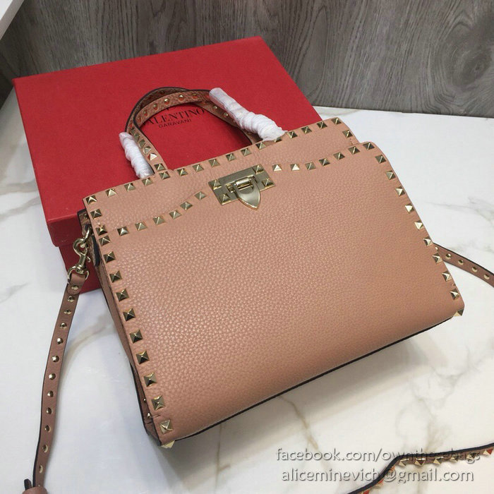 Valentino Textured Calfskin Small Rockstud Top Handle Bag Pink V6500