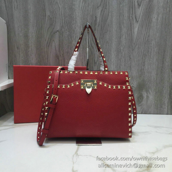 Valentino Textured Calfskin Small Rockstud Top Handle Bag Red V6500