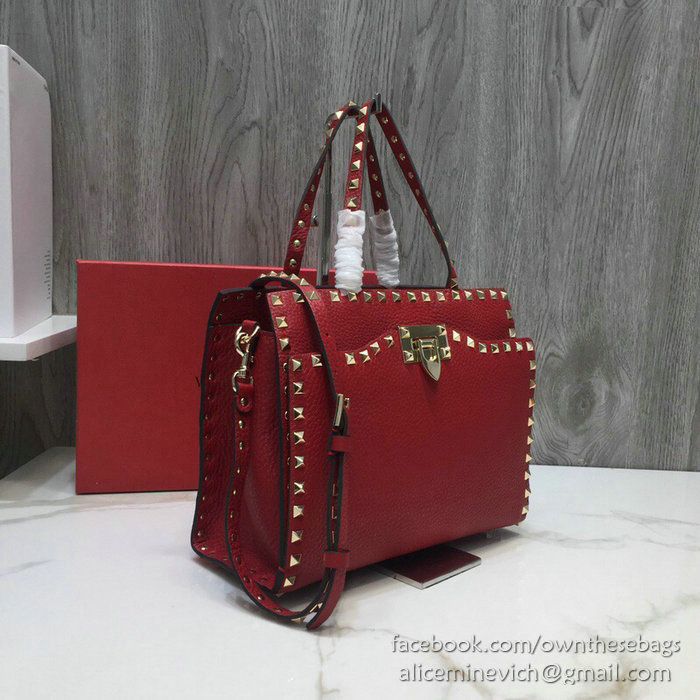 Valentino Textured Calfskin Small Rockstud Top Handle Bag Red V6500