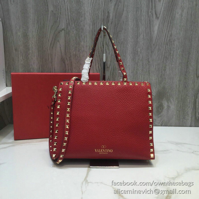 Valentino Textured Calfskin Small Rockstud Top Handle Bag Red V6500