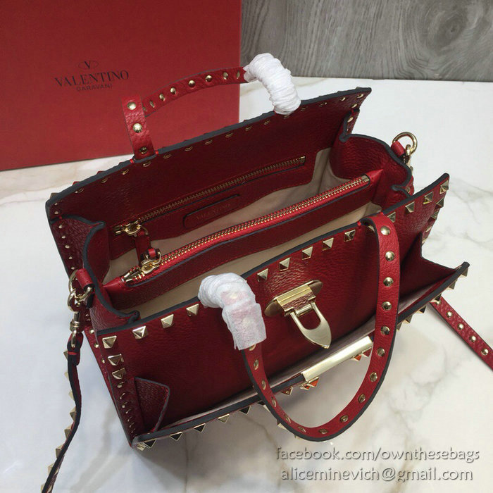 Valentino Textured Calfskin Small Rockstud Top Handle Bag Red V6500