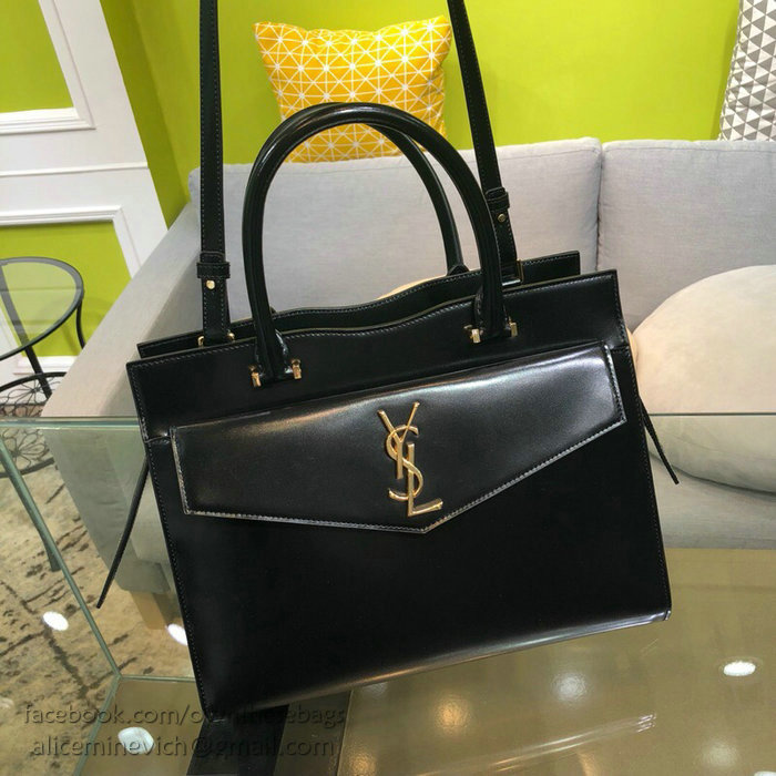 Saint Laurent Medium Uptown Tote in Black Shiny Smooth Leather 557653