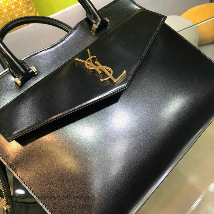 Saint Laurent Medium Uptown Tote in Black Shiny Smooth Leather 557653