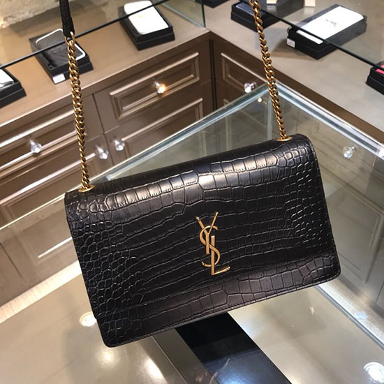 Saint Laurent Sunset Medium in Black Crocodile Embossed Leather 515823