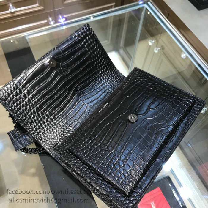 Saint Laurent Sunset Medium in Black Crocodile-embossed 442906