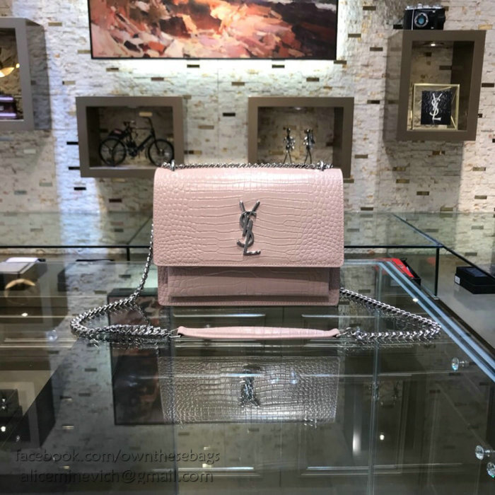 Saint Laurent Sunset Medium in Pink Crocodile-embossed Leather 442906