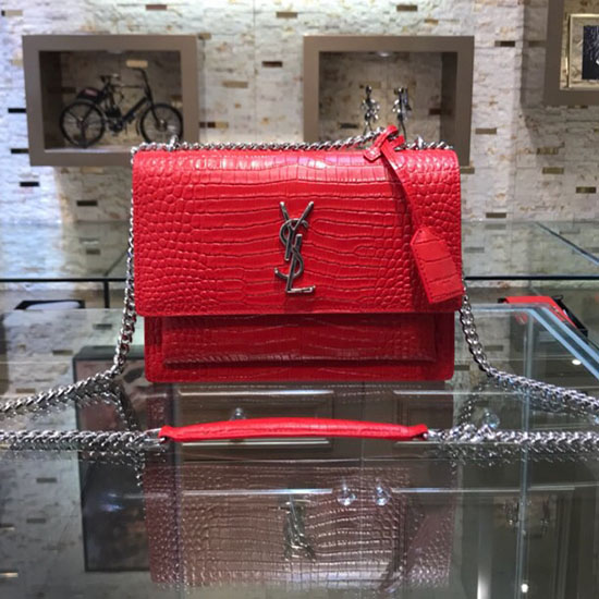 Saint Laurent Sunset Medium in Red Crocodile-embossed Leather 442906