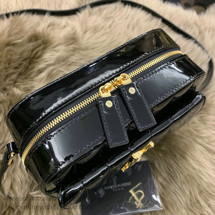 Saint Laurent Vicky Camera Bag in Black Matelasse Patent Leather 555052