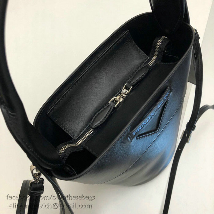 Prada Ouverture Leather Bucket Bag Black 1BE015