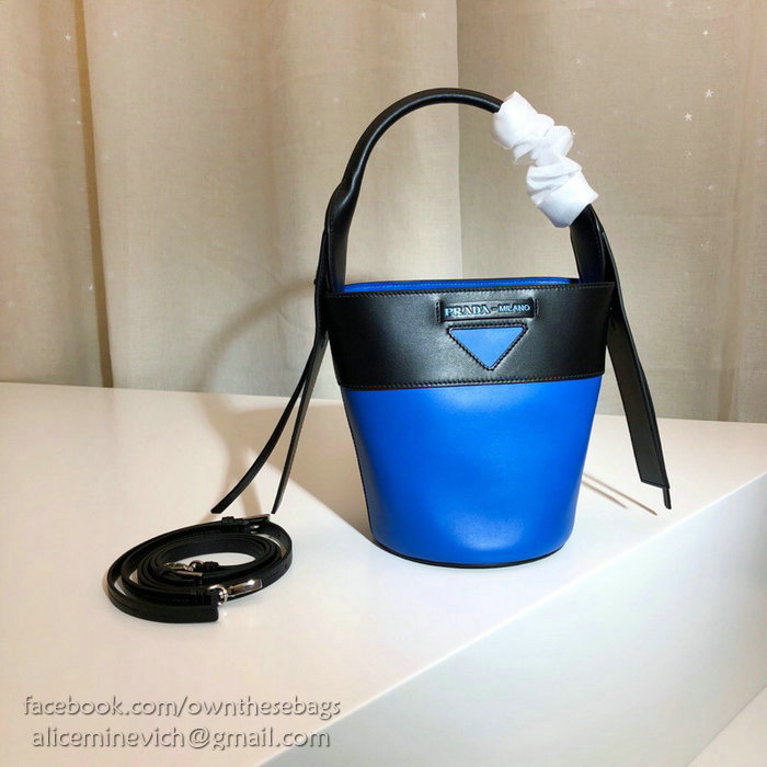 Prada Ouverture Leather Bucket Bag Blue and Black 1BE015