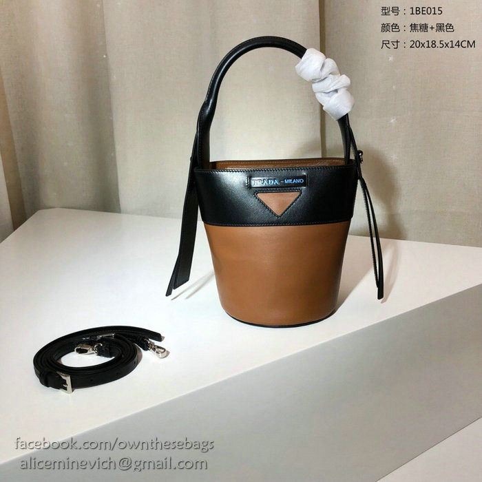 Prada Ouverture Leather Bucket Bag Brown and Black 1BE015