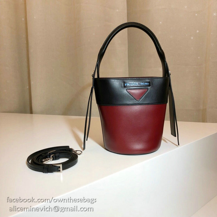 Prada Ouverture Leather Bucket Bag Burgundy and Black 1BE015