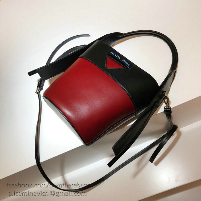 Prada Ouverture Leather Bucket Bag Burgundy and Black 1BE015