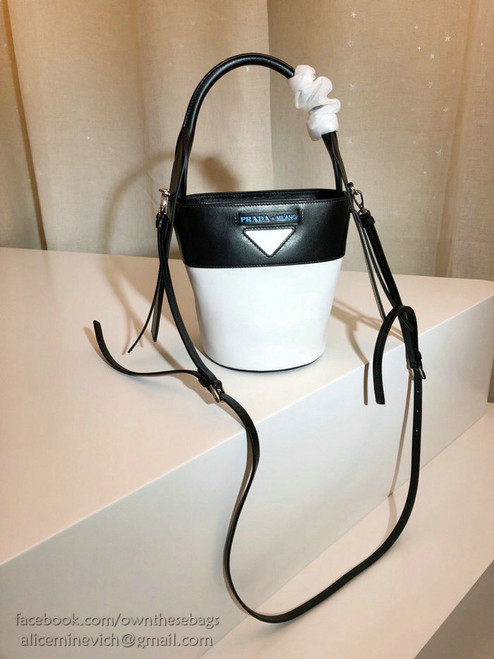 Prada Ouverture Leather Bucket Bag White and Black 1BE015