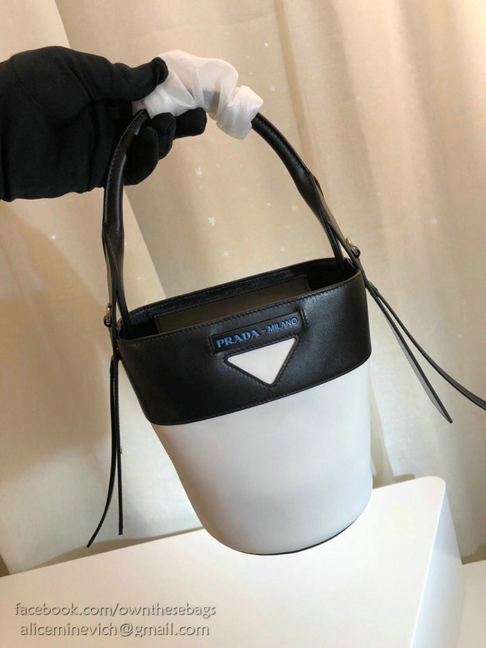 Prada Ouverture Leather Bucket Bag White and Black 1BE015