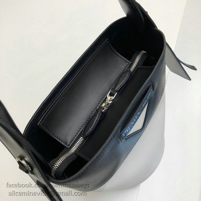 Prada Ouverture Leather Bucket Bag White and Black 1BE015