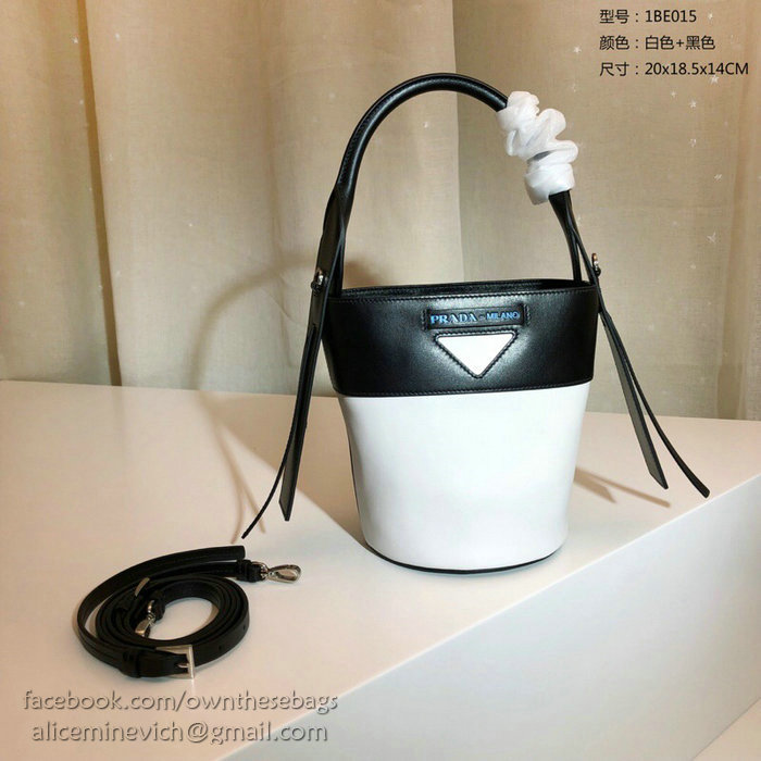 Prada Ouverture Leather Bucket Bag White and Black 1BE015