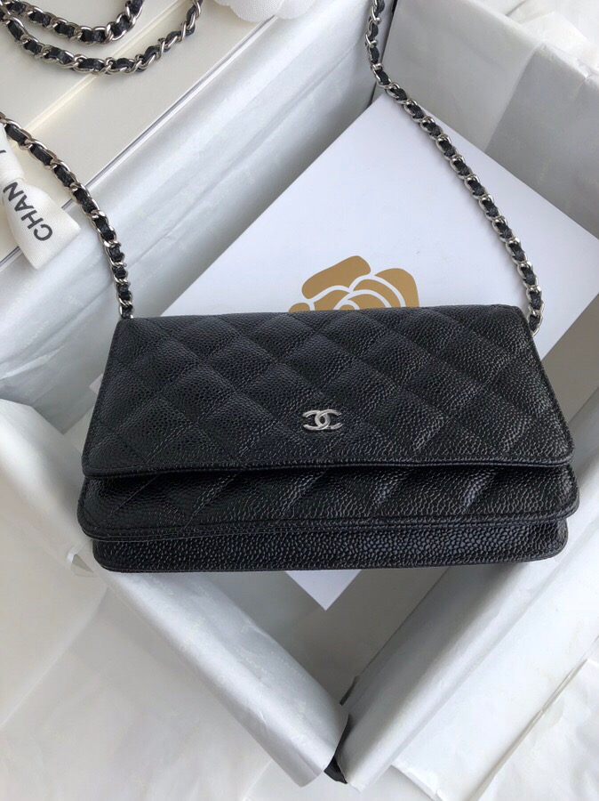 Chanel Caviar WOC Chain Wallet Black with Silver Hardware A33814