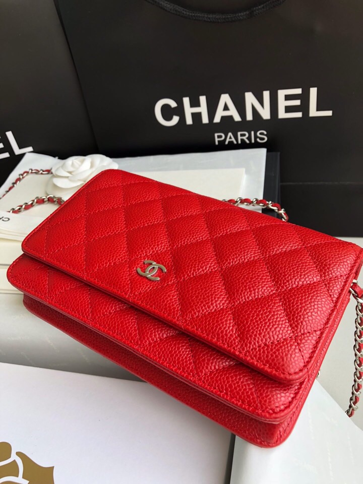 Chanel Caviar WOC Chain Wallet Red A33814