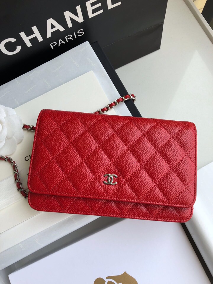 Chanel Caviar WOC Chain Wallet Red A33814