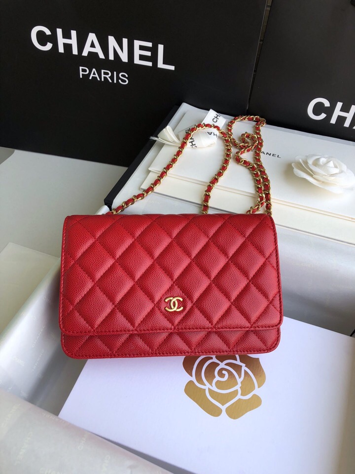 Chanel Grained Calfskin WOC Chain Wallet Red A33814