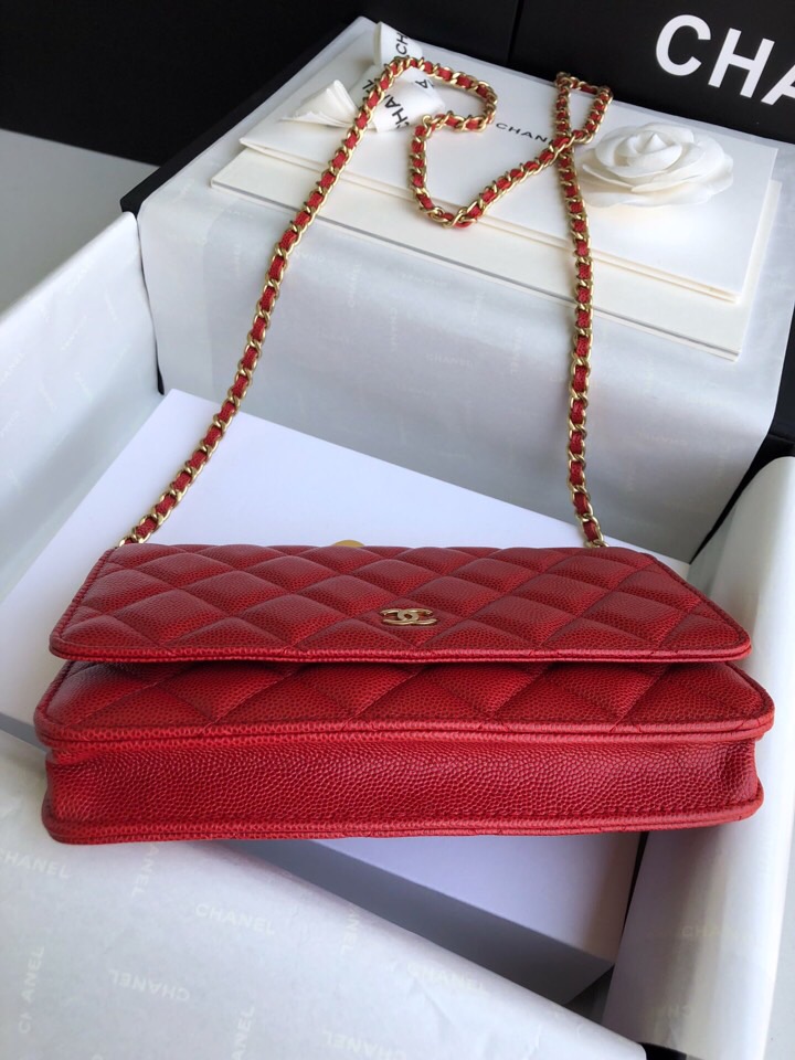 Chanel Grained Calfskin WOC Chain Wallet Red A33814