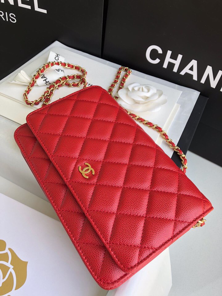 Chanel Grained Calfskin WOC Chain Wallet Red A33814