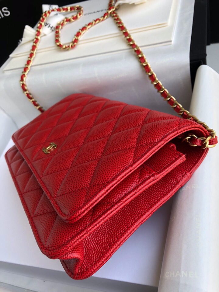 Chanel Grained Calfskin WOC Chain Wallet Red A33814