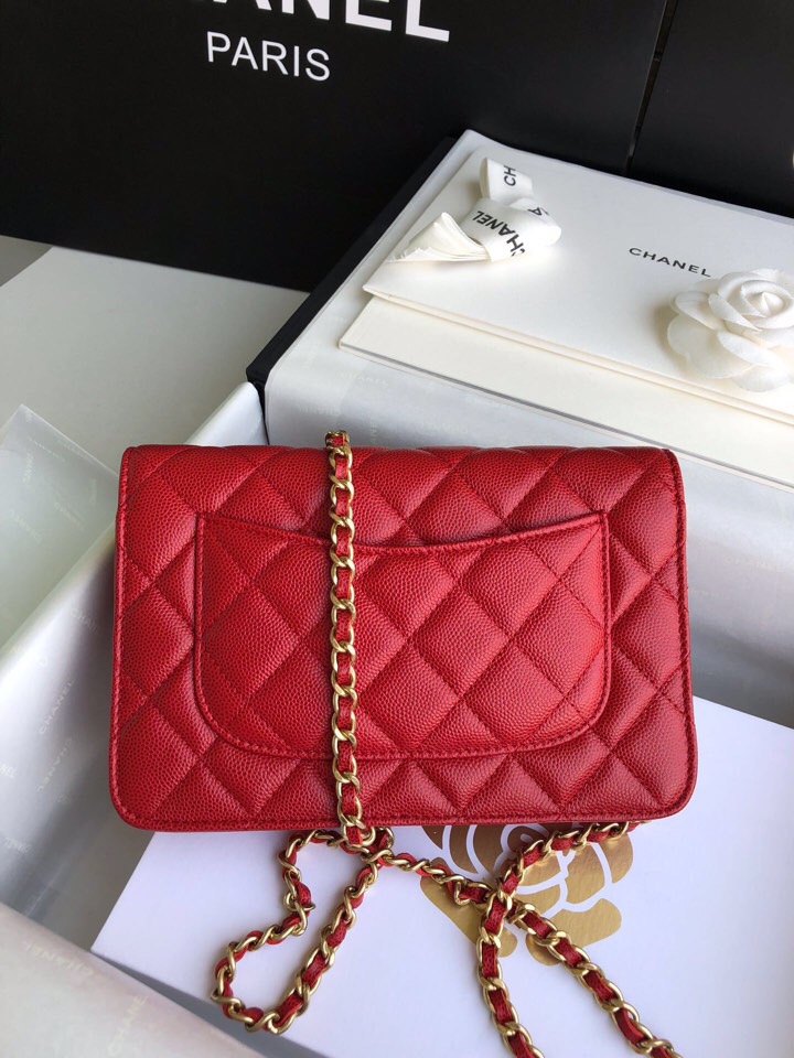 Chanel Grained Calfskin WOC Chain Wallet Red A33814