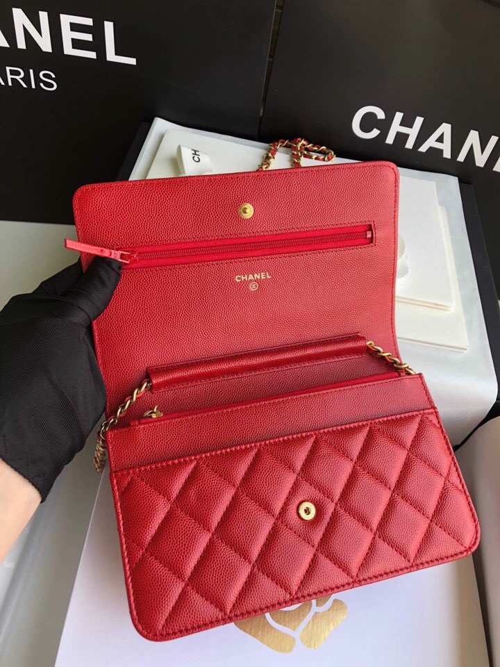 Chanel Grained Calfskin WOC Chain Wallet Red A33814