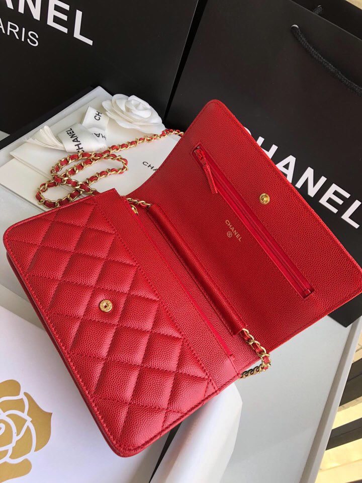 Chanel Grained Calfskin WOC Chain Wallet Red A33814