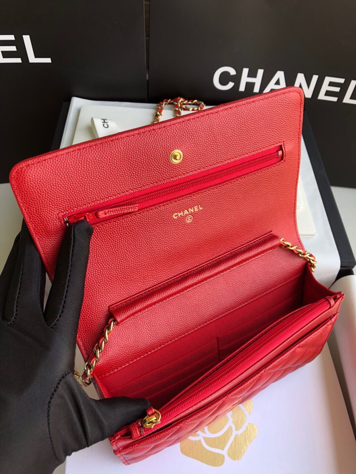 Chanel Grained Calfskin WOC Chain Wallet Red A33814