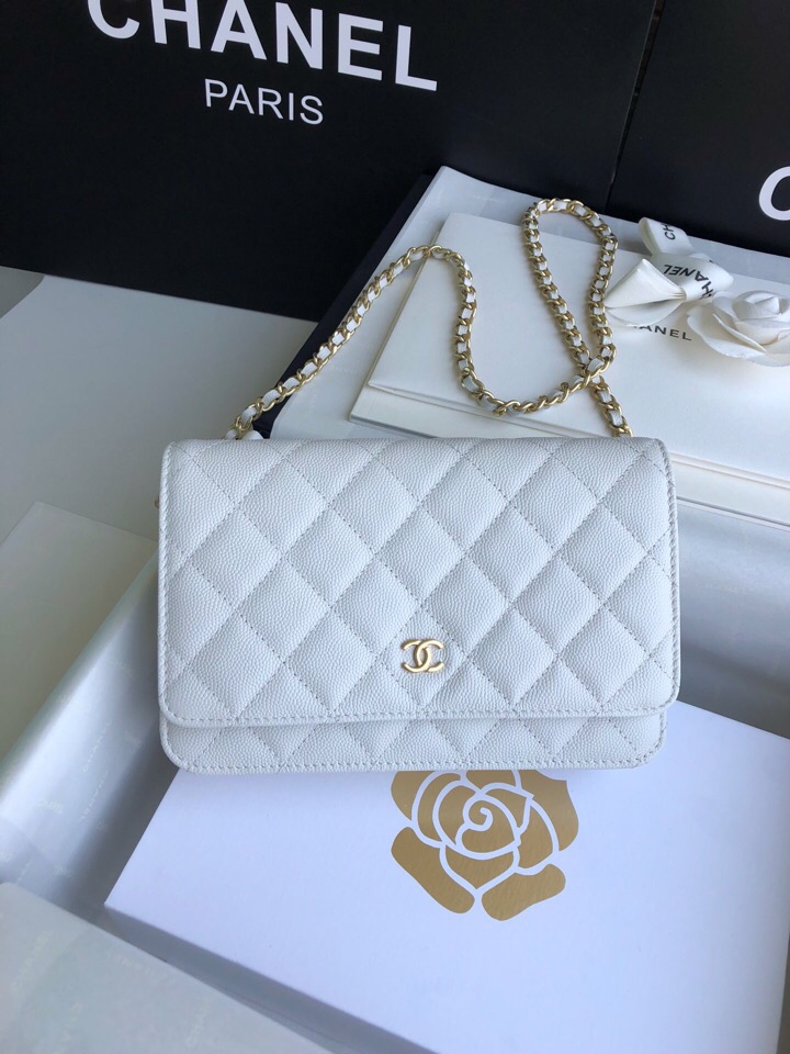 Chanel Grained Calfskin WOC Chain Wallet White A33814