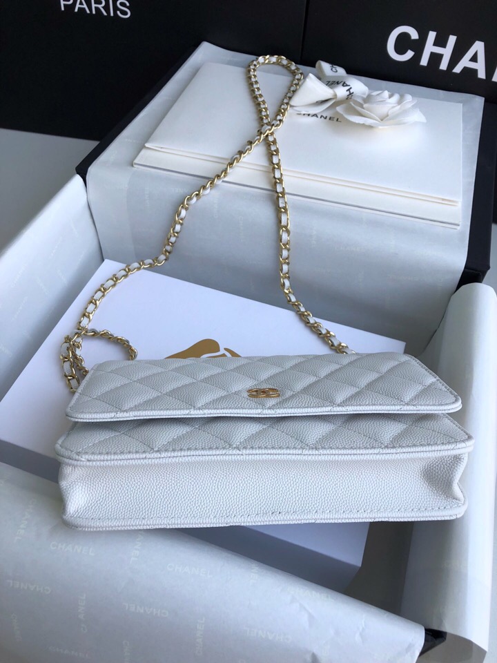 Chanel Grained Calfskin WOC Chain Wallet White A33814