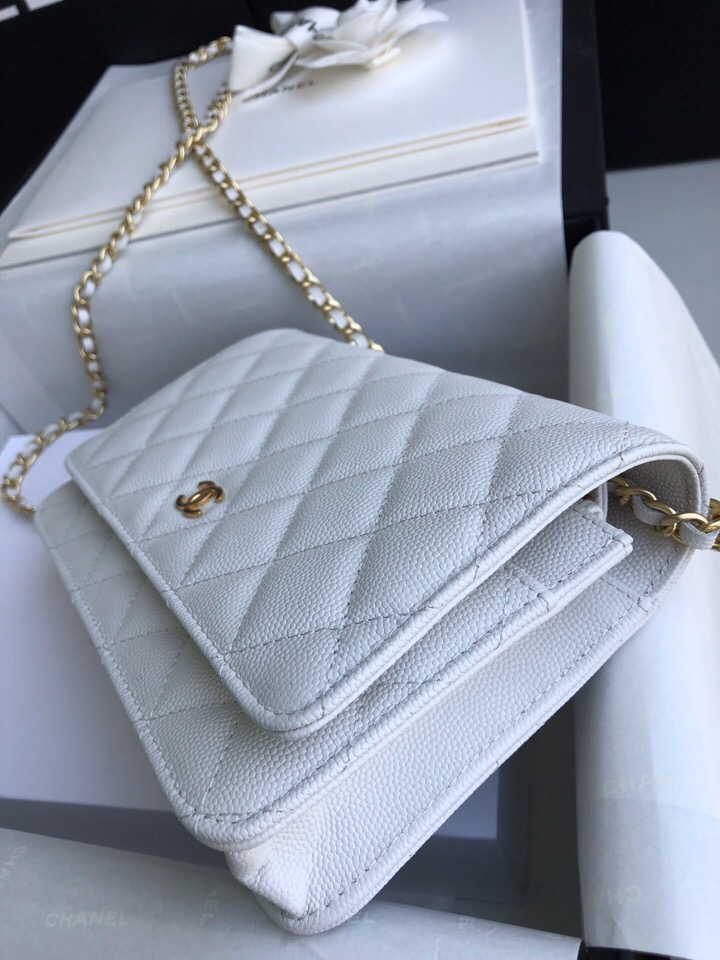 Chanel Grained Calfskin WOC Chain Wallet White A33814