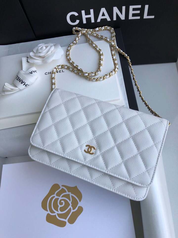 Chanel Grained Calfskin WOC Chain Wallet White A33814