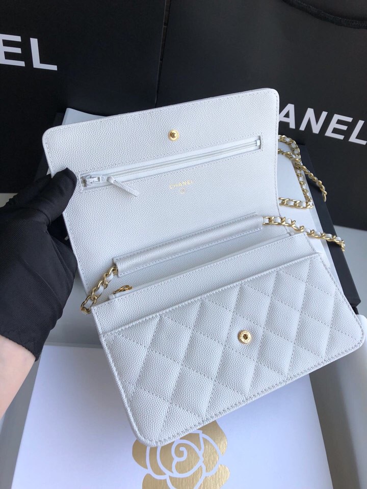 Chanel Grained Calfskin WOC Chain Wallet White A33814