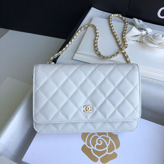 Chanel Grained Calfskin WOC Chain Wallet White A33814