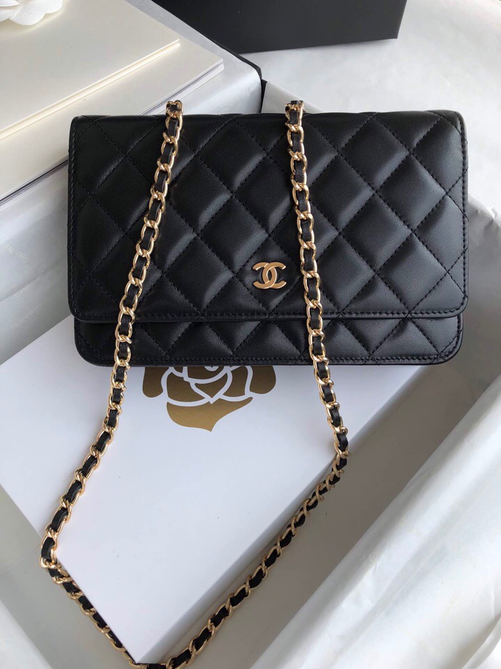 Chanel Lambskin WOC Chain Wallet Black A33814