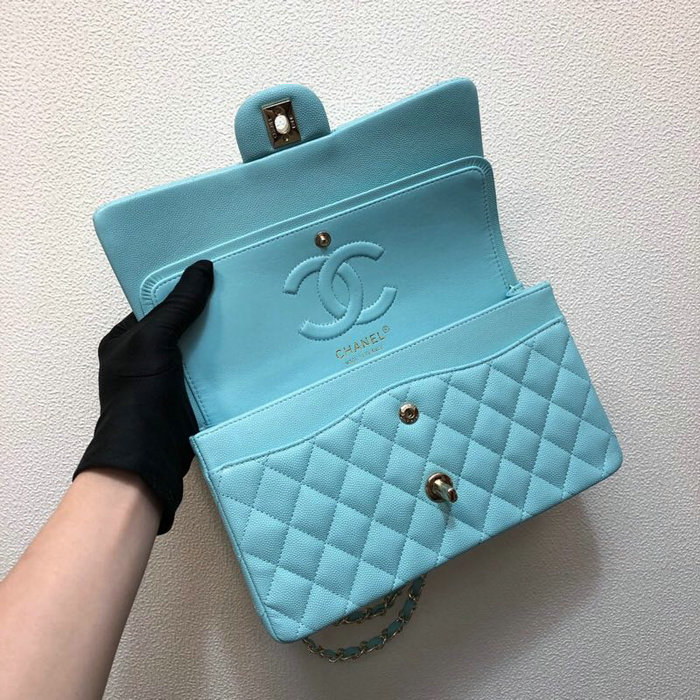 Classic Chanel Grained Calfskin Small Flap Bag Blue CF1112