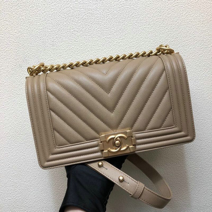 Medium Chanel Chevron Grain Calfskin Boy Bag Beige A67086