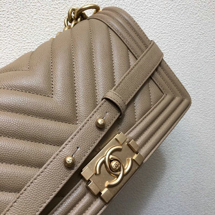 Medium Chanel Chevron Grain Calfskin Boy Bag Beige A67086