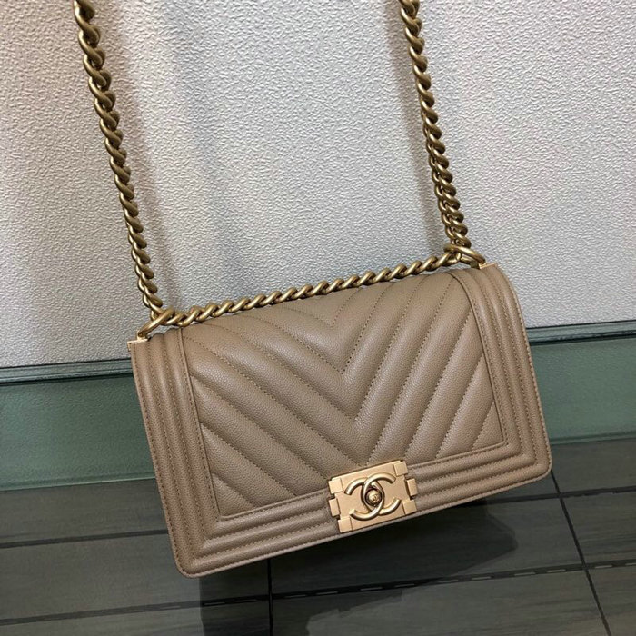 Medium Chanel Chevron Grain Calfskin Boy Bag Beige A67086