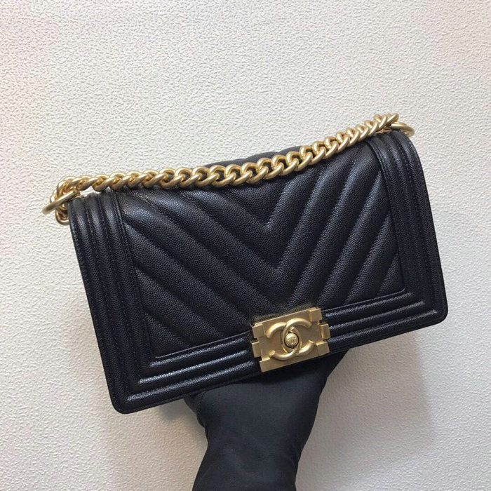 Medium Chanel Chevron Grain Calfskin Boy Bag Black A67086