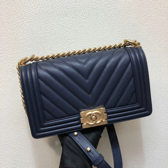 Medium Chanel Chevron Grain Calfskin Boy Bag Blue A67086