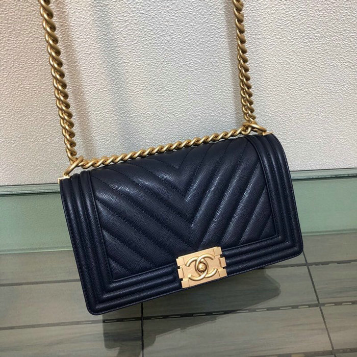 Medium Chanel Chevron Grain Calfskin Boy Bag Blue A67086