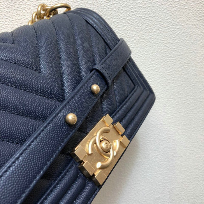 Medium Chanel Chevron Grain Calfskin Boy Bag Blue A67086