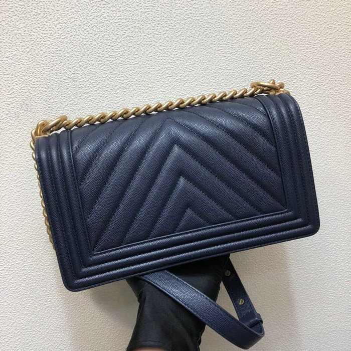 Medium Chanel Chevron Grain Calfskin Boy Bag Blue A67086